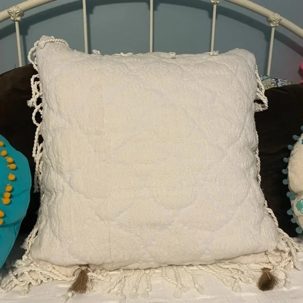 Anthropologie Cream Tassel Euro Pillow